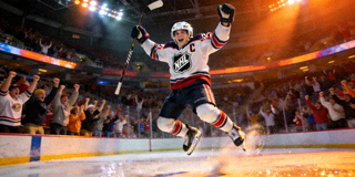 Young NHL rookie player celebrating a goal