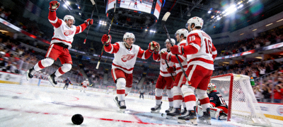NHL playoffs action shot with players celebrating a goal