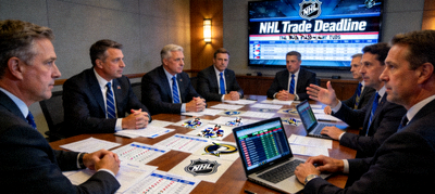 NHL trade deadline scene with general managers discussing deals